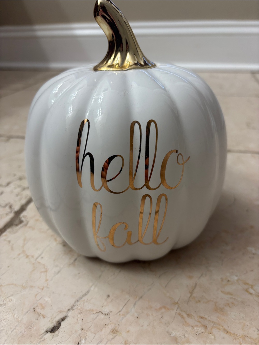 White Ceramic Pumpkin Accent with Gold Script and Stem
